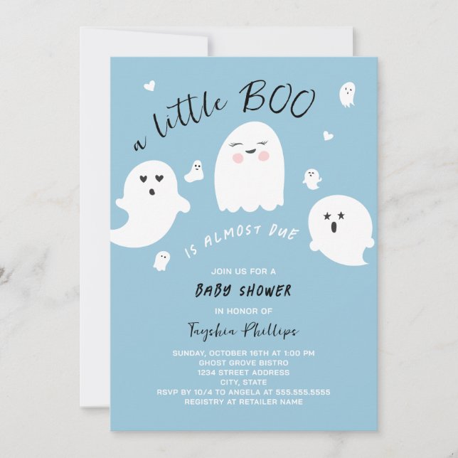 Little Boo is Due Blue Halloween Baby Shower Invitation (Front)