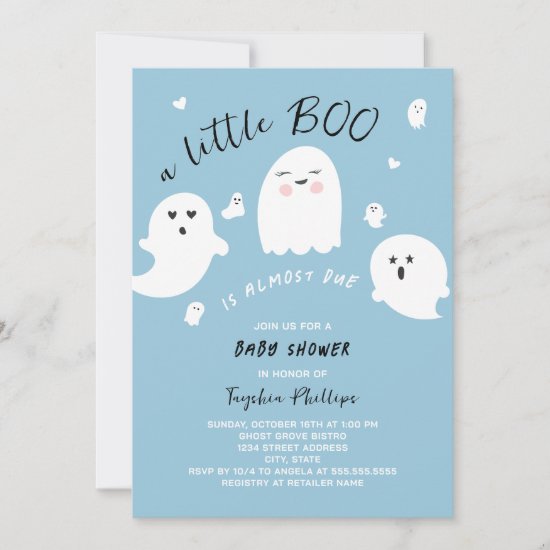 Little Boo is Due Blue Halloween Baby Shower Invitation