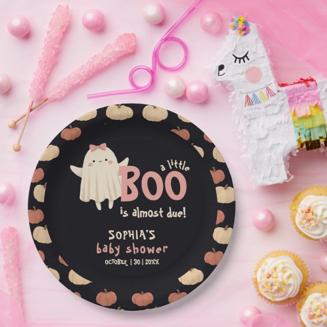 Little Boo Is Due Girl Halloween Baby Shower Paper Plates (Party)