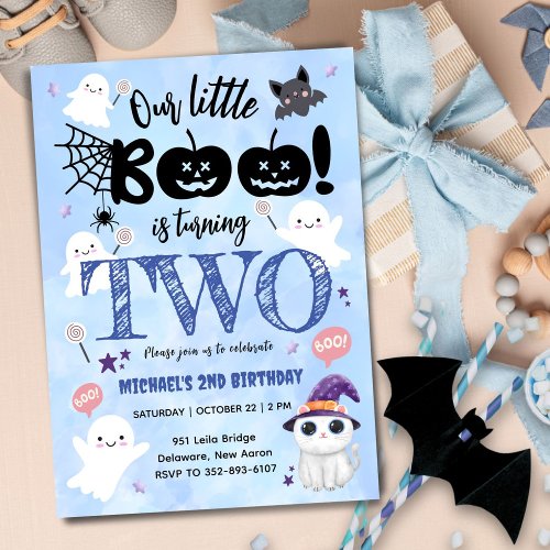 Little Boo Is Turning TWO  Boy Halloween Birthday Invitation