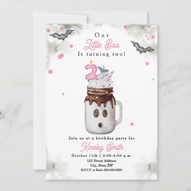 Little Boo is Two Ghost Milkshake Pink Birthday Invitation (Front)