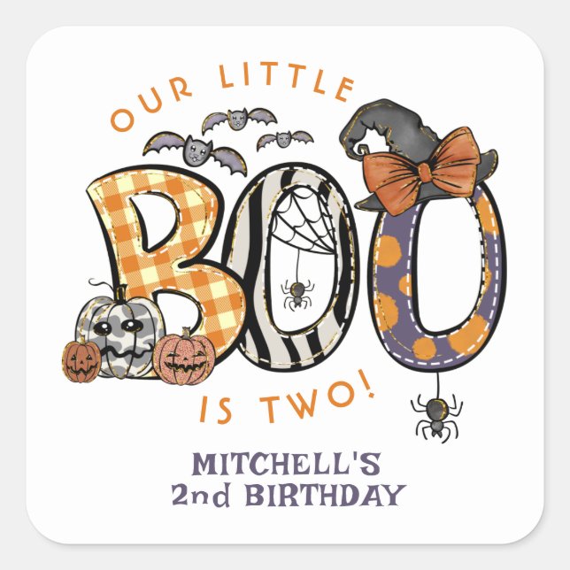 Little Boo Is Two Halloween 2nd Birthday Square Sticker (Front)