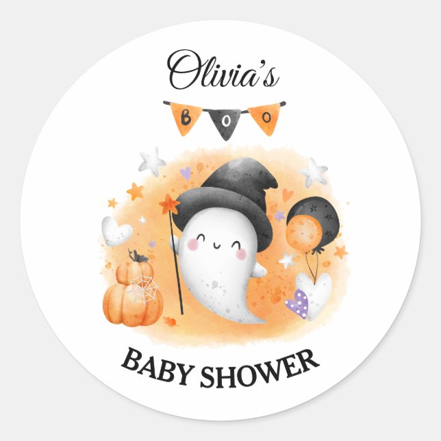 Little Boo Orange Halloween Baby Shower Sticker (Front)