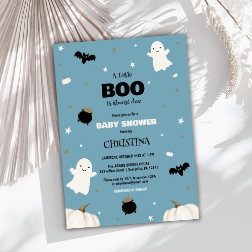 Little Boo Pastel Blue Halloween Baby Shower Invitation