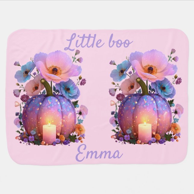 Little Boo Personalized Girl Halloween T-Shirt Baby Blanket (Horizontal)