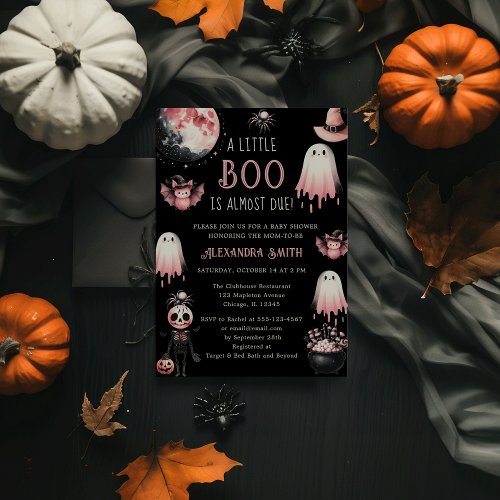 Little Boo Pink  Black Halloween Girl Baby Shower Invitation