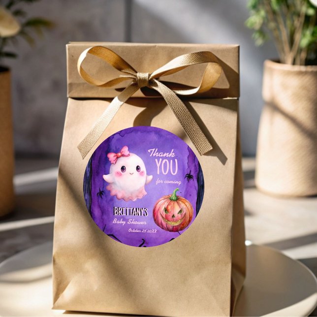Little boo pink cute ghost baby shower favor classic round sticker (Little boo pink cute ghost Halloween baby shower thank you favor sticker purple jack o lantern)