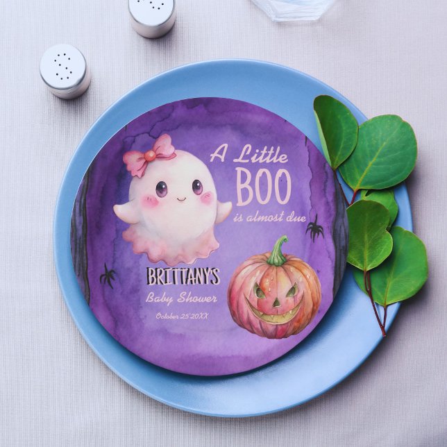 Little boo pink cute ghost baby shower paper plates (Little boo pink cute ghost jack o lantern purple Halloween baby shower customized paper plates)