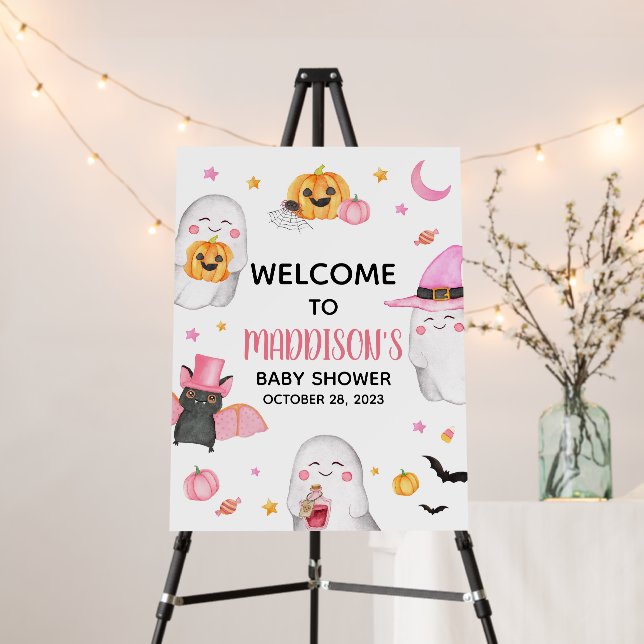 Little Boo Pink Ghost Baby Shower Welcome Sign (In Situ (Stand))