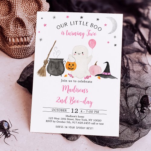 Little Boo Pink Ghost Halloween 2nd Birthday Invitation