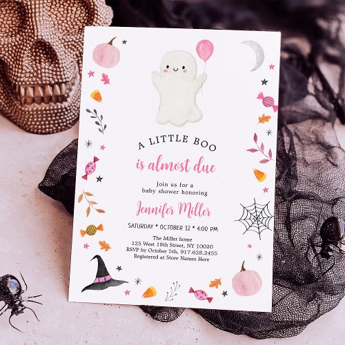 Little Boo Pink Ghost Halloween Baby Shower Invitation