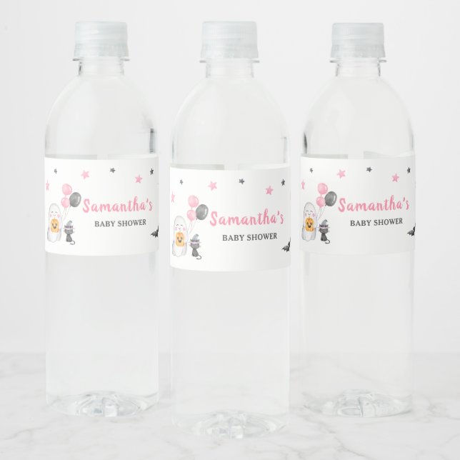 Little Boo Pink Ghost Halloween Baby Shower Water Bottle Label (Bottles)