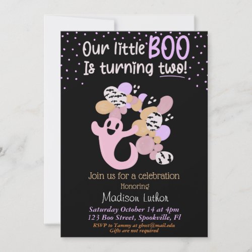 Little Boo Pink Girl Ghost Second Birthday  Invitation