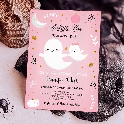 Little Boo Pink Gold Ghost Pumpkin Baby Shower Invitation