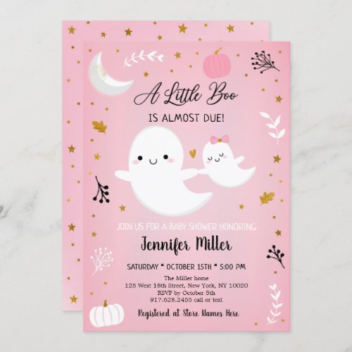 Little Boo Pink Gold Ghost Pumpkin Baby Shower Invitation