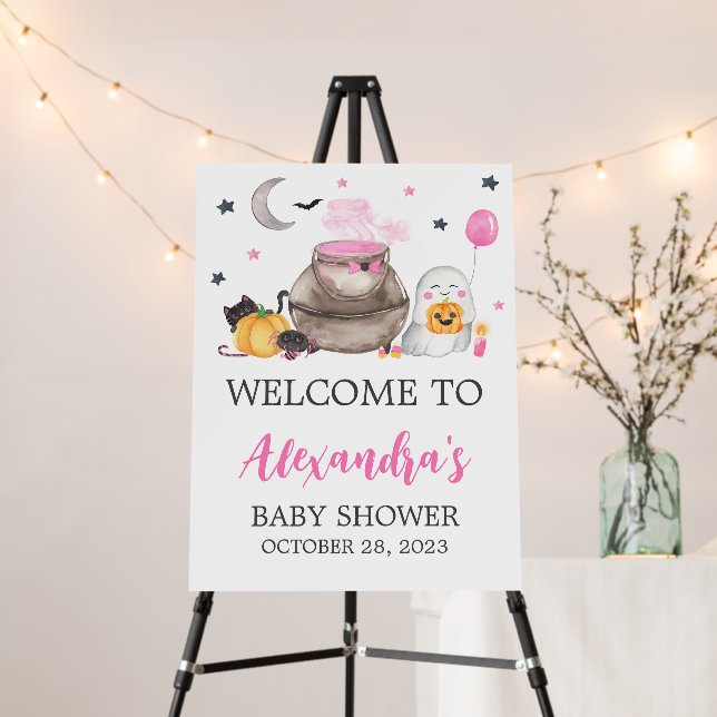 Little Boo Pink Halloween Baby Shower Welcome Sign (In Situ (Stand))