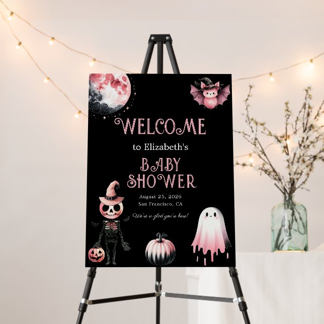 Little Boo Pink Halloween Baby Shower Welcome Sign (In Situ (Stand))