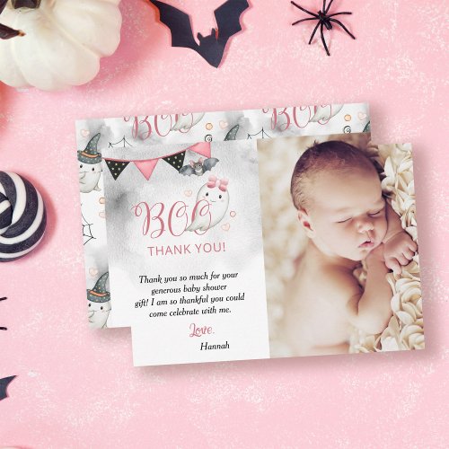 Little Boo Pink Halloween Ghost Baby Shower Photo Thank You Card