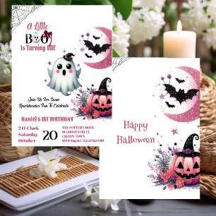 Little Boo Pink Jack Half Moon Ghost 1st Birthday  Invitation