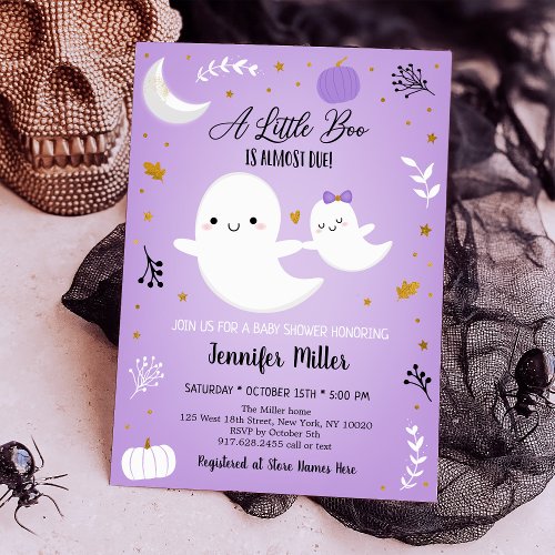 Little Boo Purple Ghost Pumpkin Baby Shower Invitation