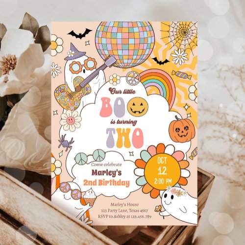 Little Boo Retro Halloween Girl Second Birthday Invitation