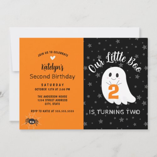 Little Boo Turning 2 Halloween Second Birthday Invitation