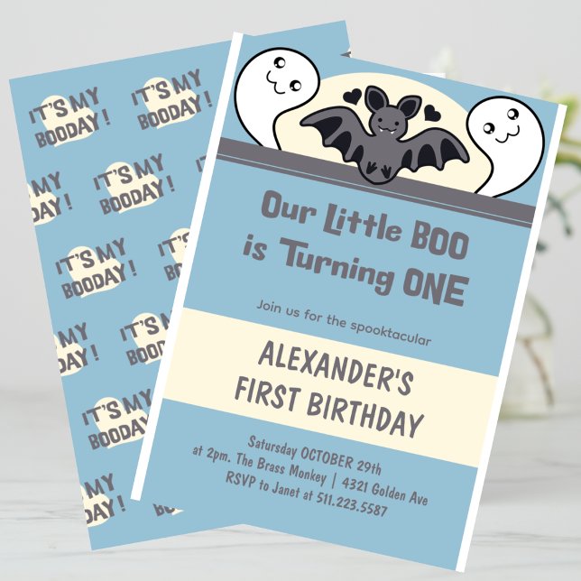 Little boo Turning one Cute Halloween 1st birthday Invitation (Halloween-1st-birthday-Invitation-Little-boo-Turning-one-Cute-blue-1)