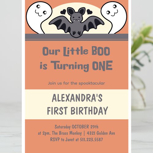 Little boo Turning one Cute Halloween 1st birthday Invitation