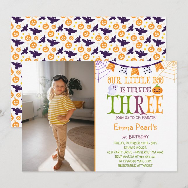 Little Boo Turning Three Boo Third Birthday Photo Invitation (Front/Back)