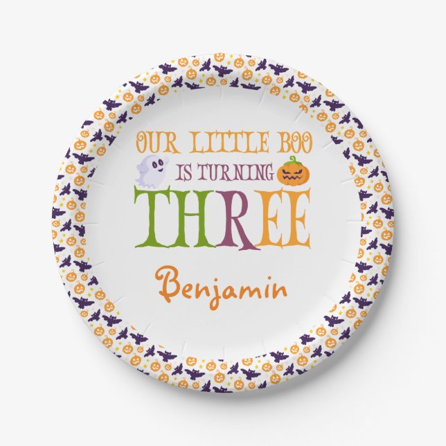 Little Boo Turning three Halloween 3rd Birthday Paper Plates (Front)