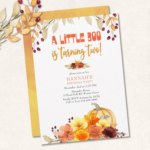 Little Boo Turning Two Autumn Flowers 2nd Birthday Invitation