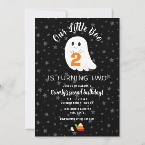 Little Boo Turning Two Halloween 2nd Birthday Invitation
