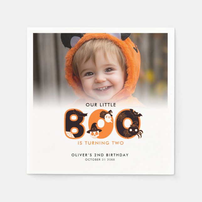 Little Boo Turning Two Photo Halloween birthday  Napkins (Front)