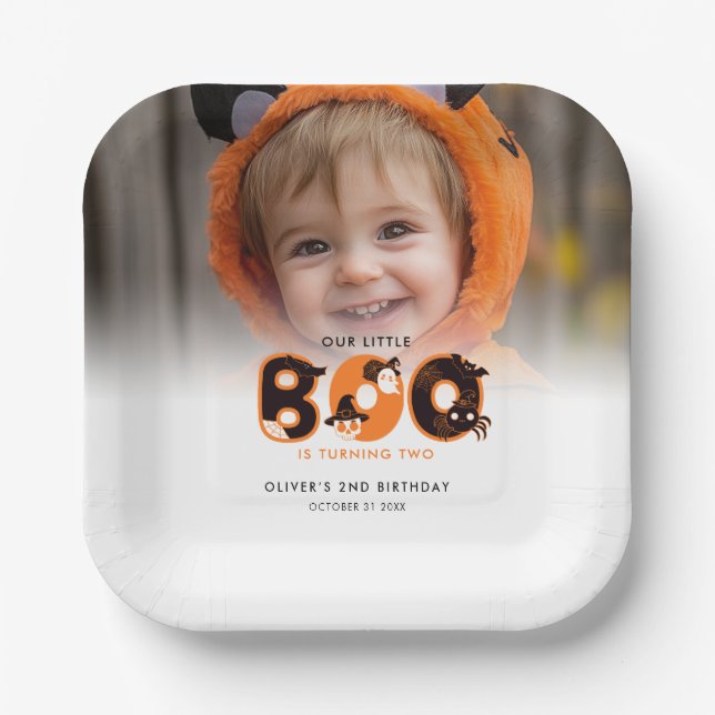 Little Boo Turning Two Photo Halloween birthday  Paper Plates (Front)