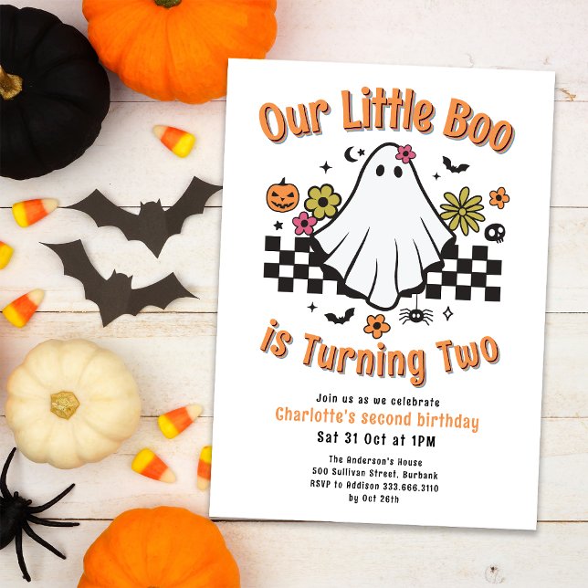 Little Boo Turning Two Retro Ghost 2nd Birthday Invitation (Creator Uploaded)