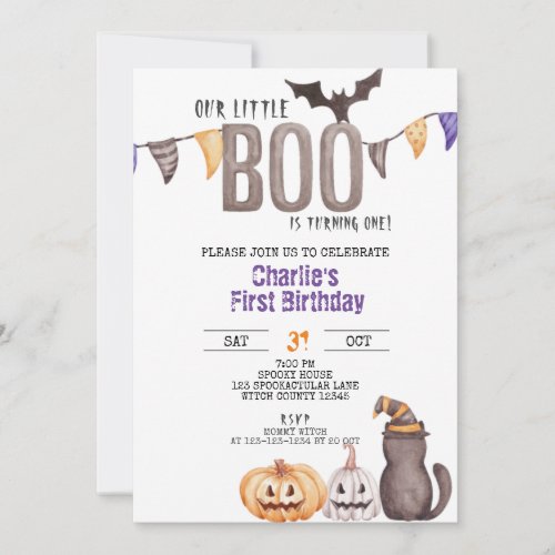 Little Boo Turns One Halloween Kids Birthday Invitation