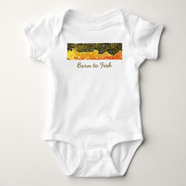 Little "Born to Fish" Brook Trout Fly Fisherman Baby Bodysuit (Front)