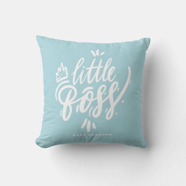Little Boss Modern Calligraphy Aqua Blue Throw Pillow (Front)