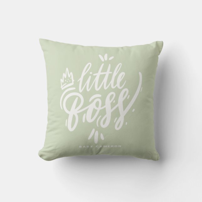 Little Boss Modern Calligraphy Mint Green Throw Pillow (Front)