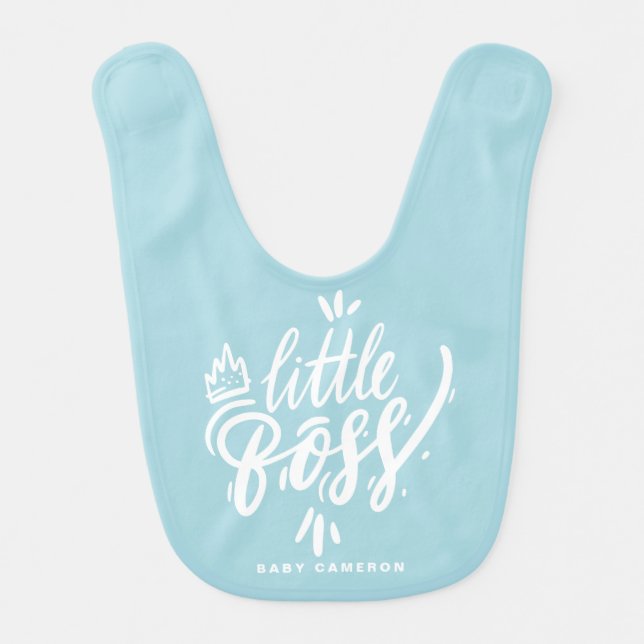 Little Boss Modern Calligraphy Quote Aqua Blue Baby Bib (Front)