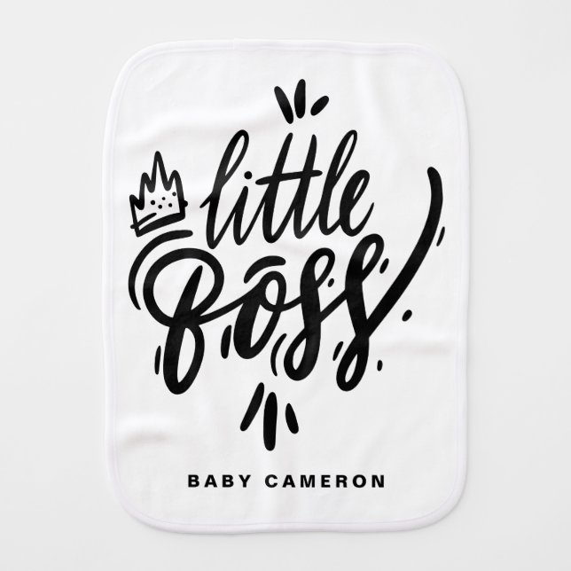 Little Boss Modern Calligraphy with Crown Black Baby Burp Cloth (Front)