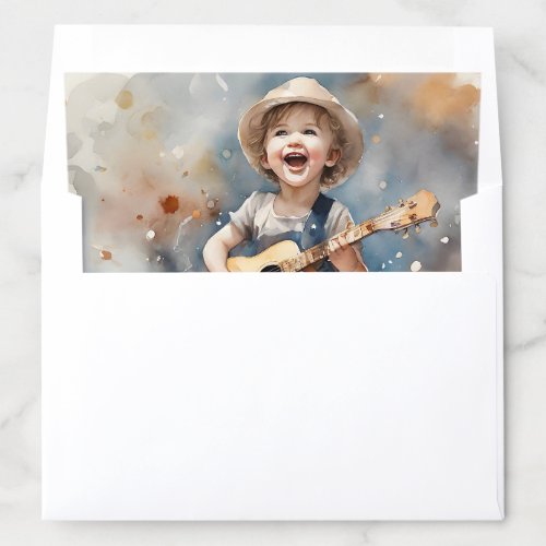 Little Boy Acoustic Guitar Watercolor Illustration Envelope Liner