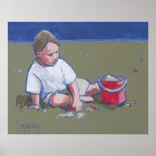 LIttle Boy and Sandcastle on Beach Poster