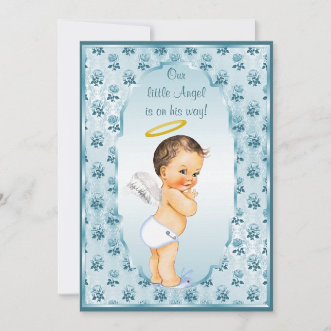 Little Boy Angel Blue Roses Baby Shower Invitation (Front)
