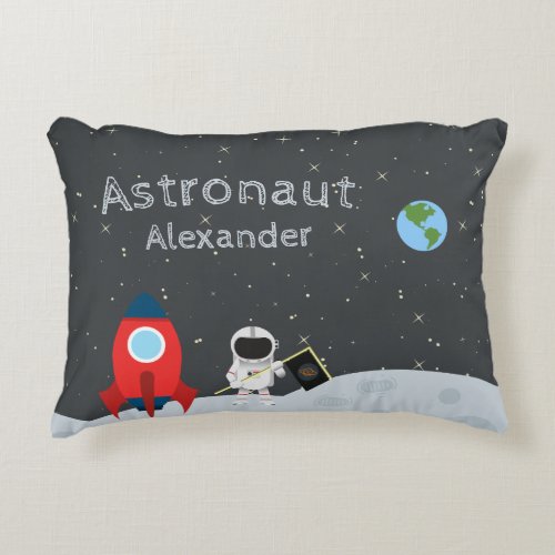 Little Boy Astronaut on Moon First Name Space Accent Pillow