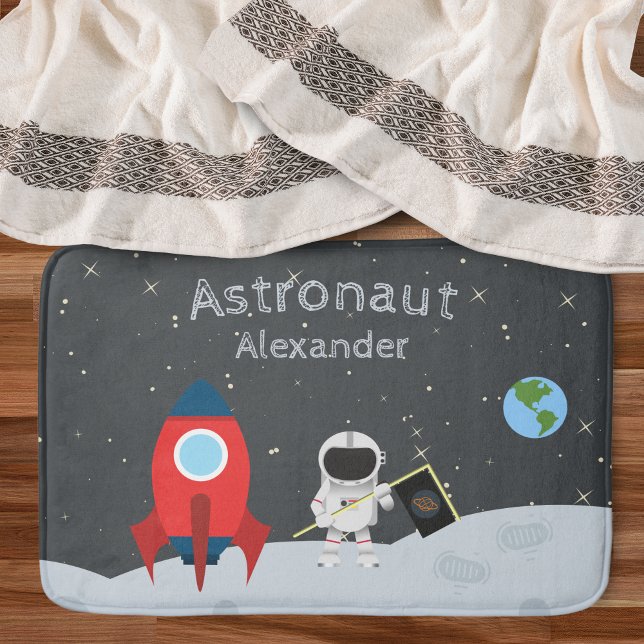 Little Boy Astronaut on Moon, First Name Space Bath Mat (Creator Uploaded)
