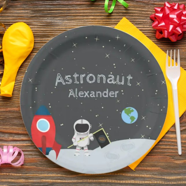 Little Boy Astronaut on Moon, First Name Space Paper Plates (Creator Uploaded)