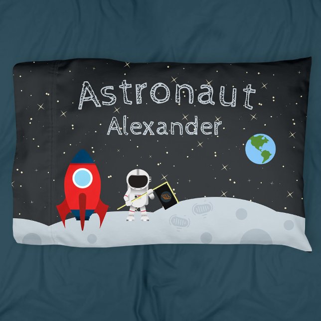 Little Boy Astronaut on Moon, First Name Space Pillow Case (Creator Uploaded)