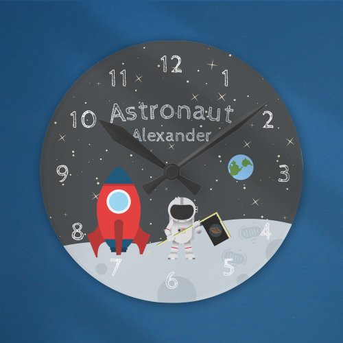 Little Boy Astronaut on Moon First Name Space Round Clock