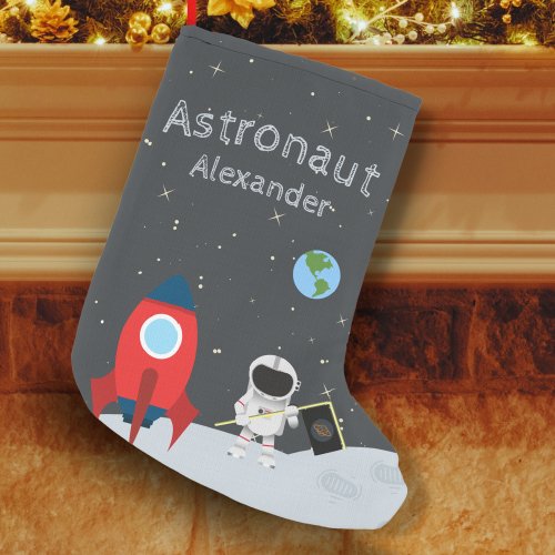 Little Boy Astronaut on Moon First Name Space Small Christmas Stocking